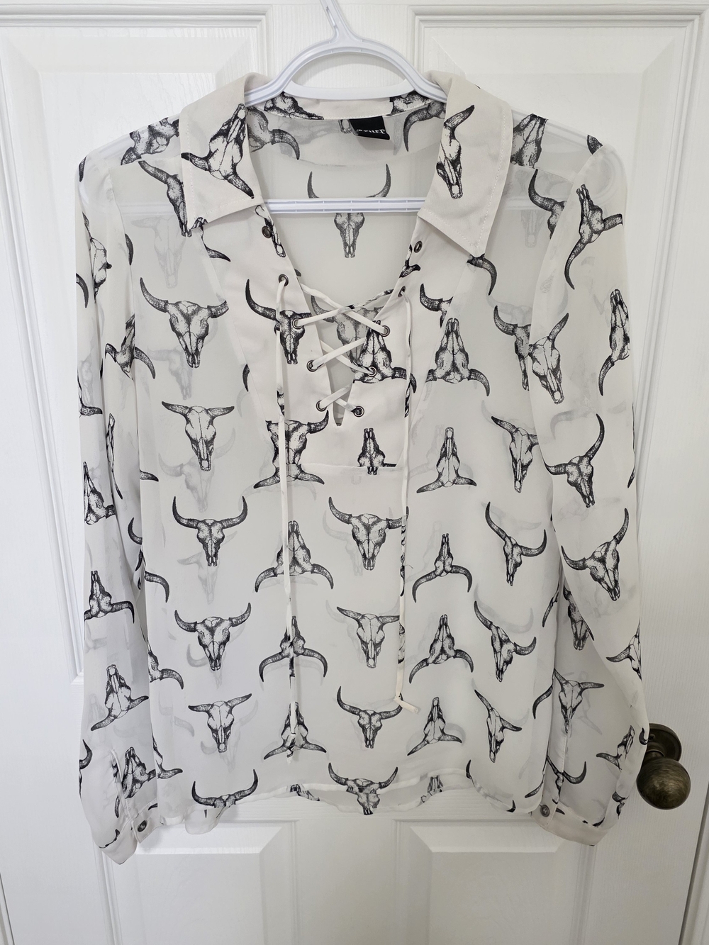 Cruel Girl Lace-Up Sheer Blouse with Bull Skull Print - White/Black